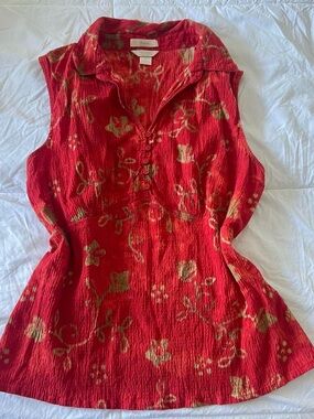 Christopher & Banks red sleeveless blouse gold floral accents